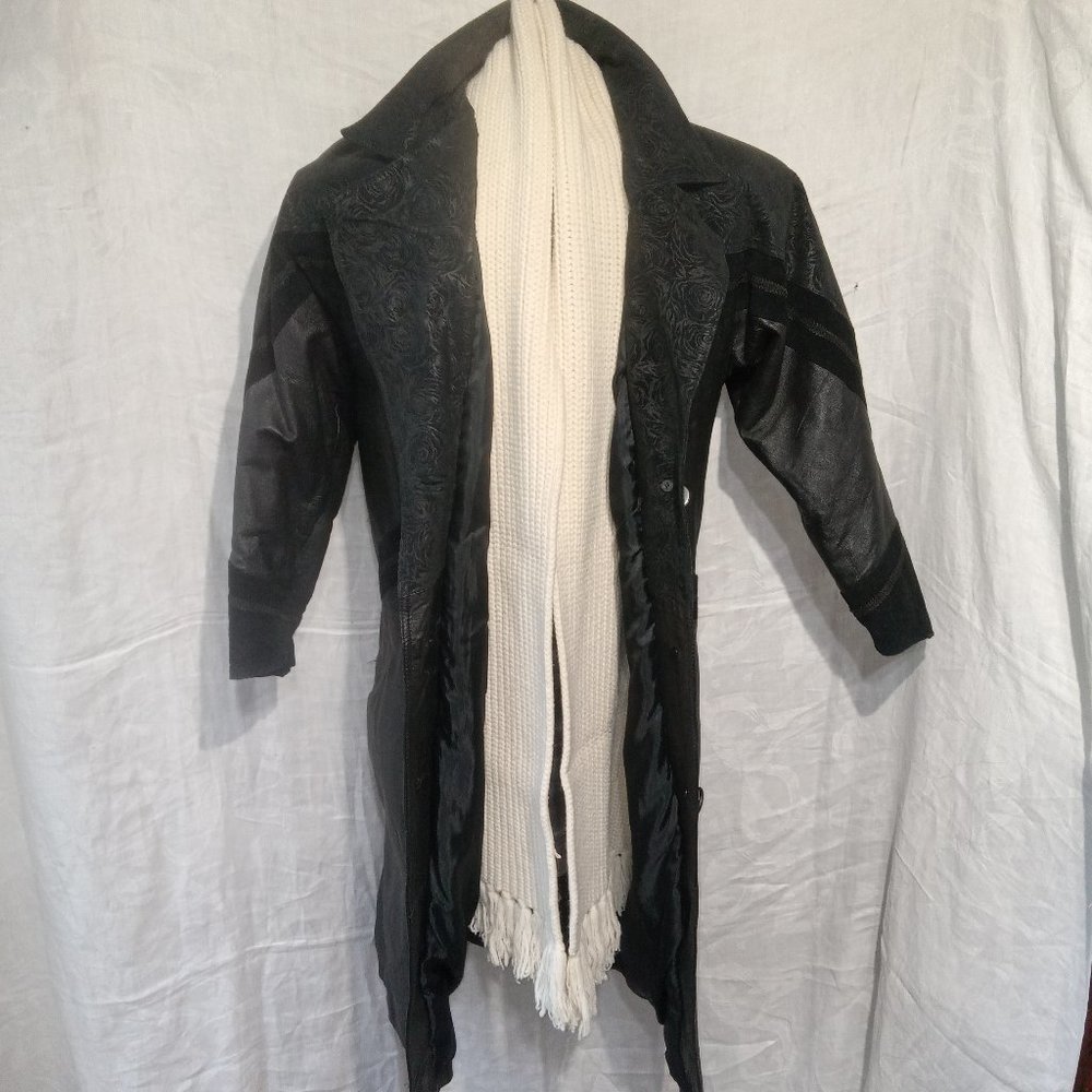 Vintage Black International Outer Wear Leather Trench Coat Flower embossed-Small